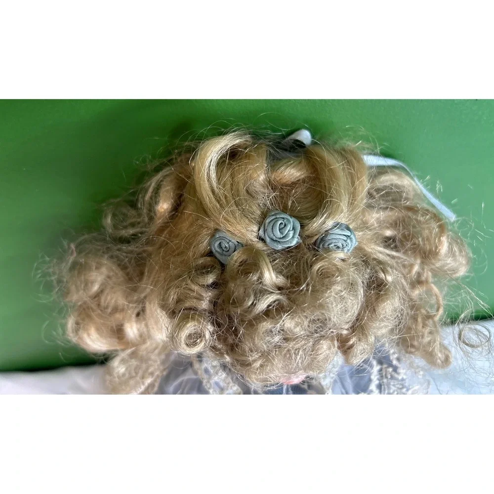 Vintage Porcelain Doll Blue Eyes Blonde Curls Victorian Lace Blue Cream Outfit